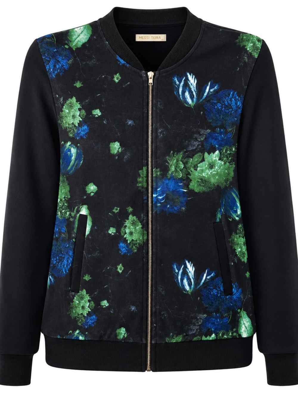 Miss Morena Womens Floral Zip-Up Bomber Jacket Medium Black & Blue Polyester